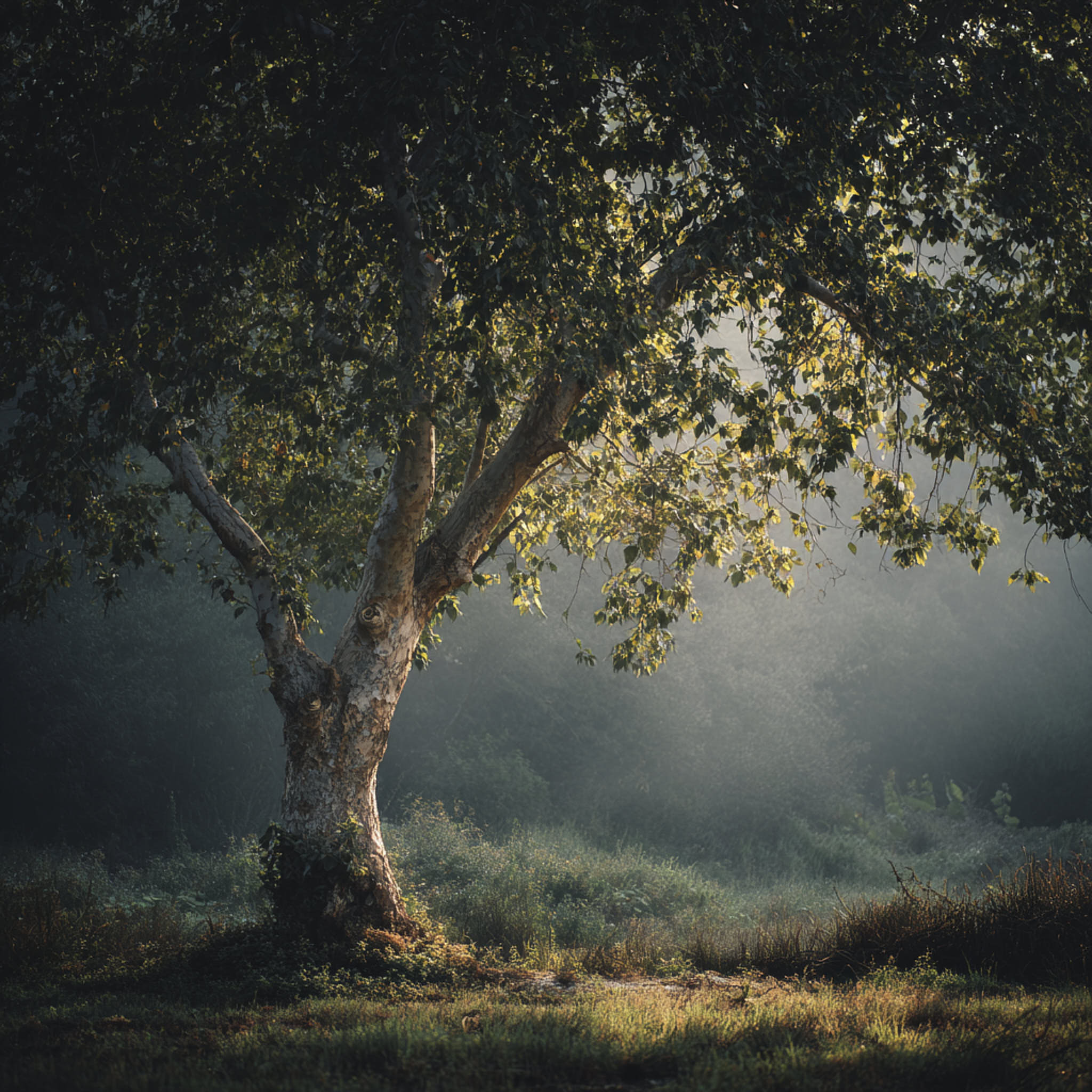 Arbre 2 Photo d’un arbre solitaire au tronc clair, baigné de lumière douce du matin. Les rayons traversent les feuilles, créant une atmosphère paisible et contemplative au cœur de la nature