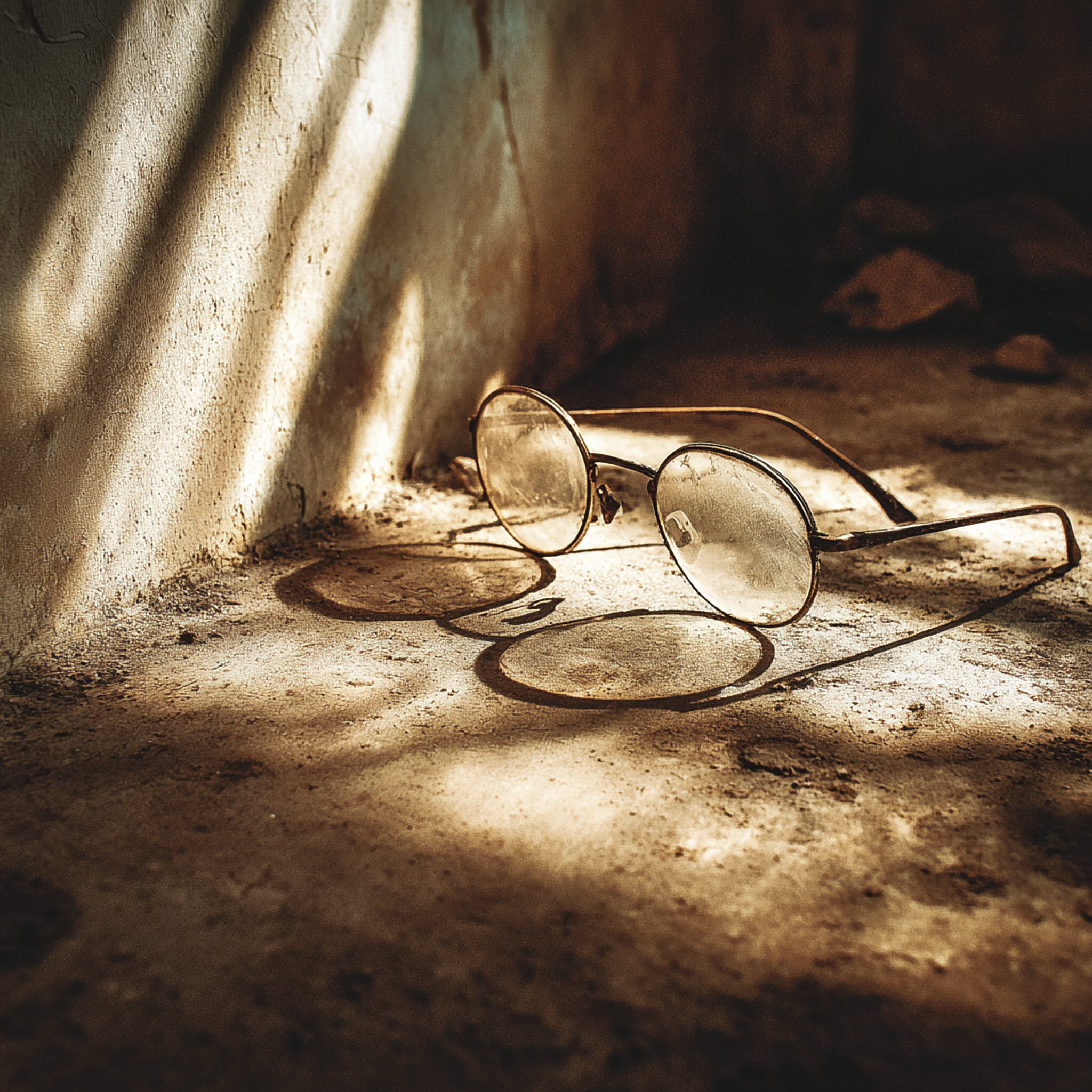 Lunette 1 Photo de vieilles lunettes rondes posées sur le sol d’une pièce éclairée par une lumière dorée, créant des ombres marquées et révélant l’objet dans une ambiance nostalgique et chargée d’histoire.