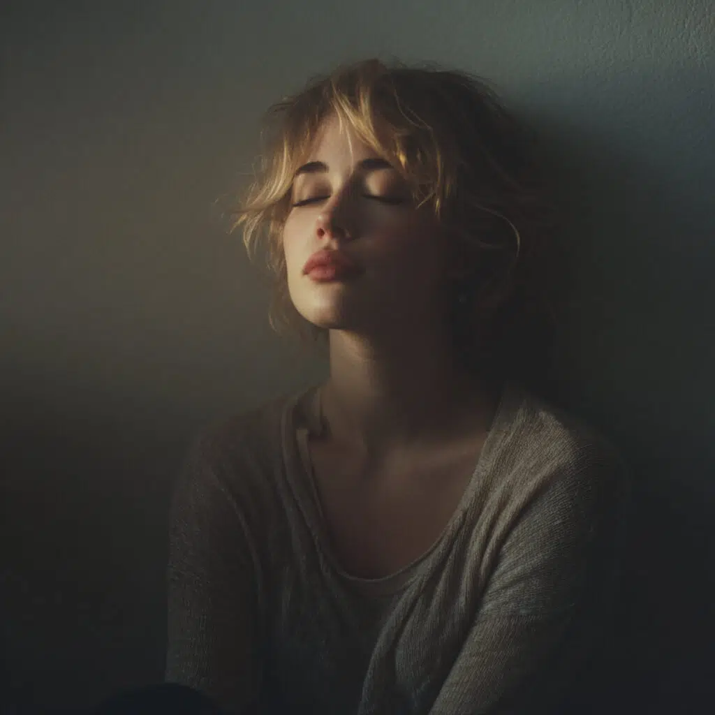 Portrait réaliste en lumière douce d’une femme assise contre un mur, l’expression détendue, visage partiellement dissimulé par l’ombre et la chevelure, ambiance contemplative et intime.