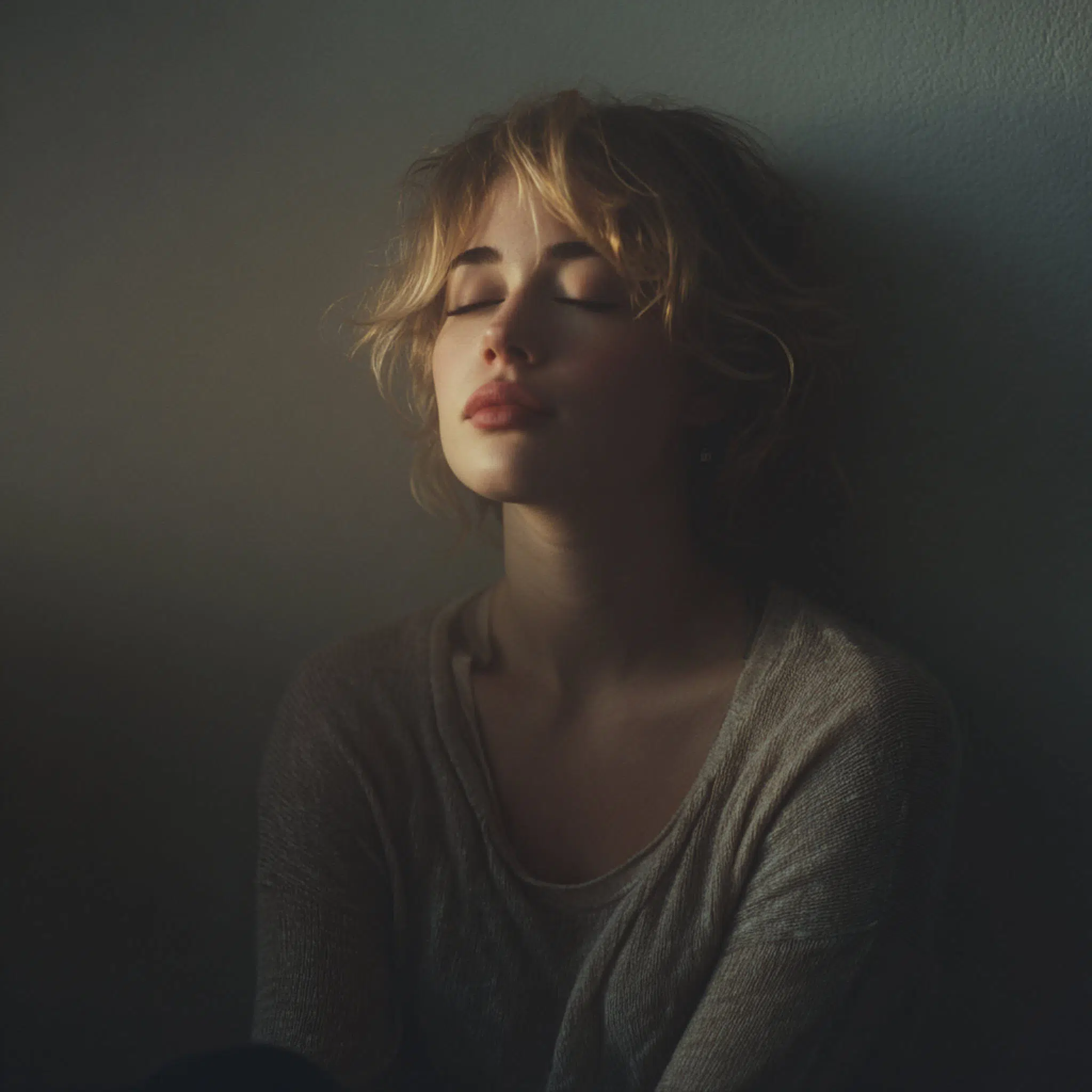 DSCF2792_1 Portrait réaliste en lumière douce d’une femme assise contre un mur, l’expression détendue, visage partiellement dissimulé par l’ombre et la chevelure, ambiance contemplative et intime.